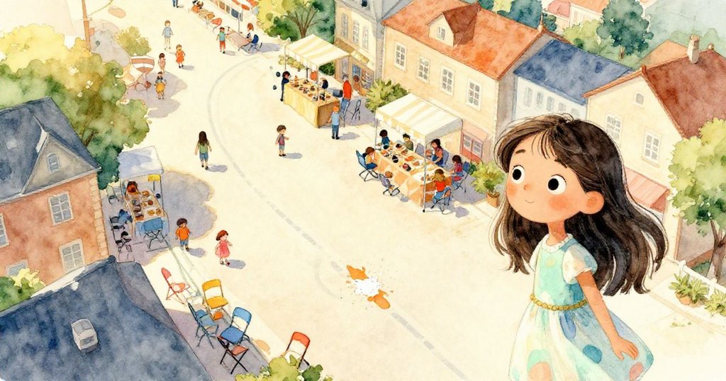 艾拉提著筆記本穿過擁擠市政廳書展，從高空俯瞰人群和摺椅，充滿期待與溫暖晨光。