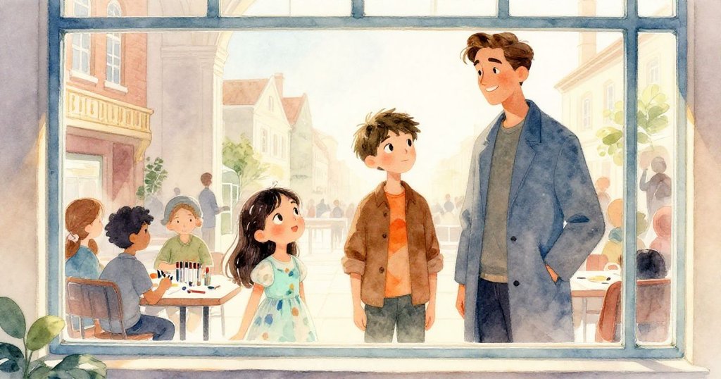 透過大窗看見市政廳書展內部，艾拉與男孩忙著整理書頁，作者在簽書桌前準備幫助，光線明亮。