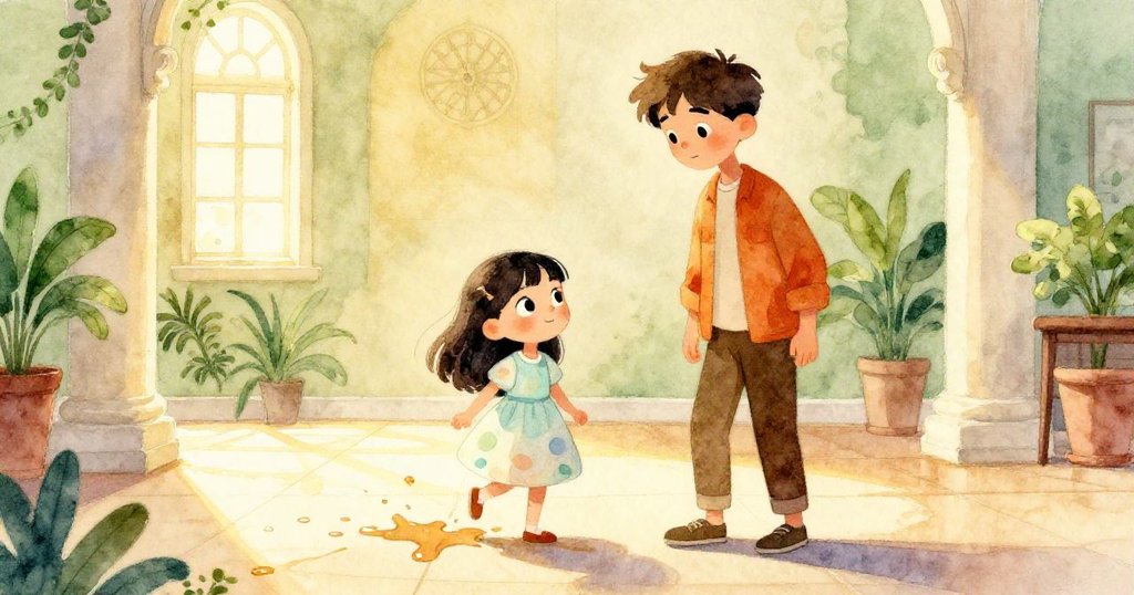 陽光透窗照在濕滑地板上，艾拉與男孩小心行走，面露擔憂卻堅定，展現書展中緊張而溫暖的一刻。