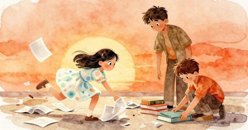 艾拉迅速彎腰撿起散落書頁，男孩急忙蹲下整理硬皮書，動作充滿緊迫與決心，在書展現場熱烈展開。