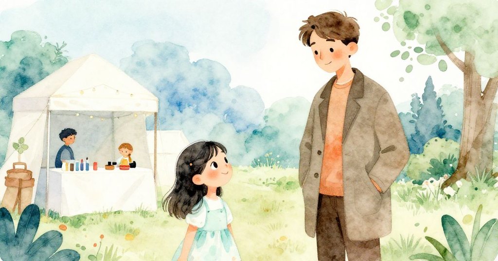 書展結束後，作者溫柔簽書，艾拉與男孩安心休憩，臉上展露滿意與平靜，現場充滿溫馨成就感。