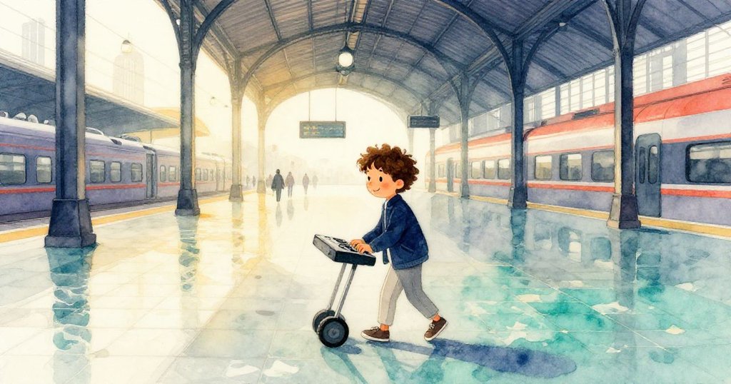 朱利安在火車站大廳推著電子鍵盤，陽光灑落，瓷磚地面反射出他的身影，表情專注且充滿期待。