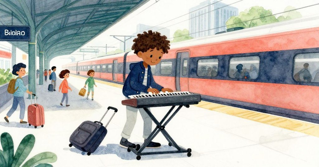 朱利安在火車站內激昂彈奏，擺動雙手與鍵盤互動，行人及行李隨音律短暫駐足，視角偏斜增添動感。