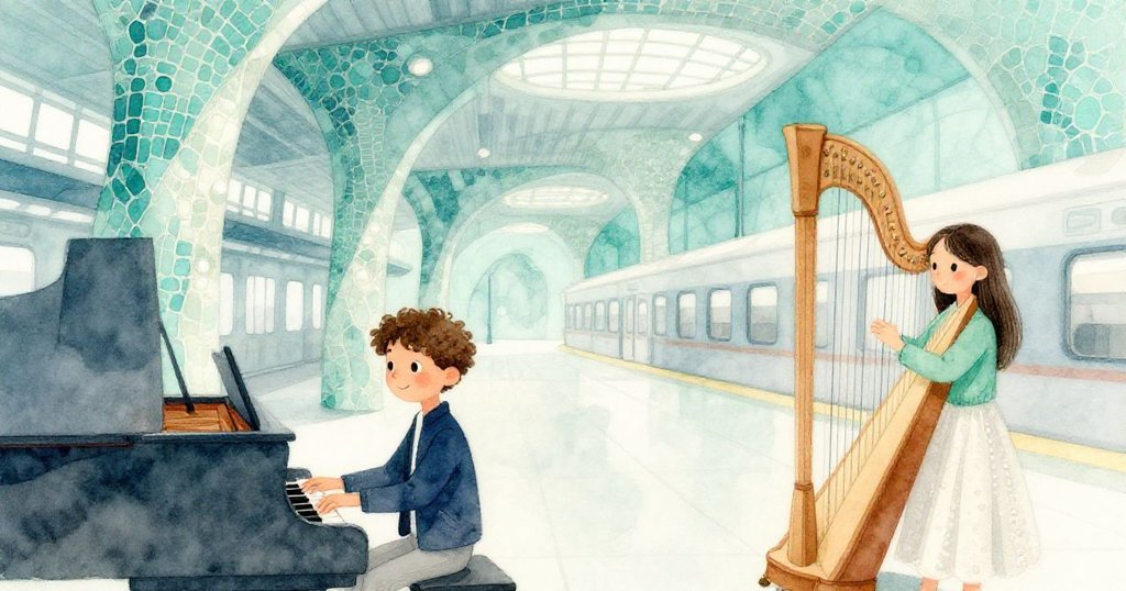 朱利安與瑪雅並肩演奏，琴鍵與豎琴音符互融，空間現幾何幻變效應，建築線條彷彿向音樂彎曲，神秘而迷人。