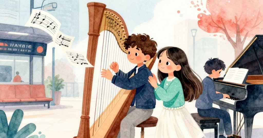 瑪雅急伸手抓飛散樂譜，朱利安溫柔停下彈奏，火車站內突顯突發風勢與音樂交流，緊張中帶幽默。