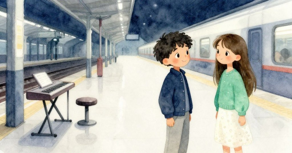 火車站大廳內空置的凳子和安靜鍵盤映襯著漸暗光線，朱利安與瑪雅音樂結束後留下一抹溫柔餘韻，場面平靜。