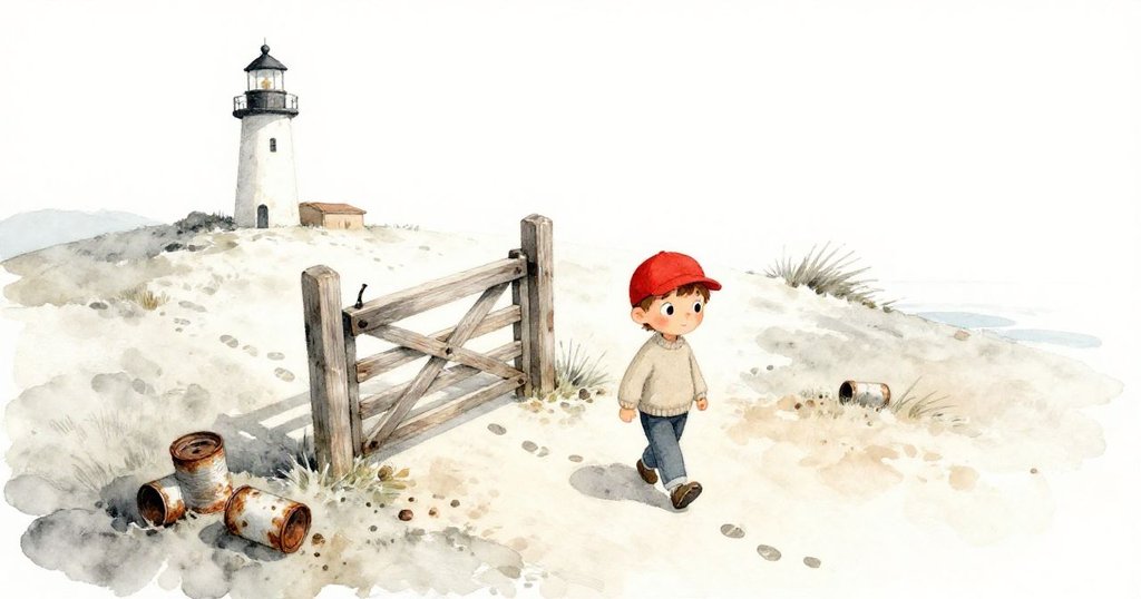 米洛沿著山徑前進，從空中俯瞰斑駁木門與舊燈塔，展示歷史足跡與海邊風光，充滿探險情緒。