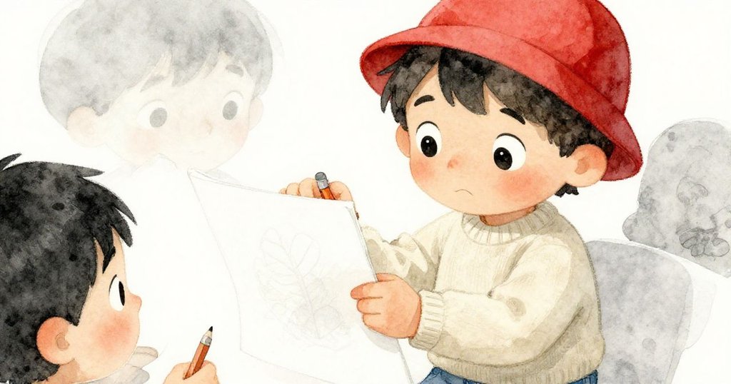 米洛仔細檢查被撕裂的素描頁與鉛筆，手部細節清晰展現創作挫折與專注情緒。