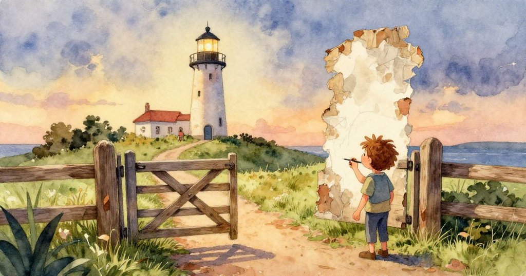 石階上的積水映出斑駁舊燈塔，光與影流轉，營造出寧靜而詩意的反思時刻。