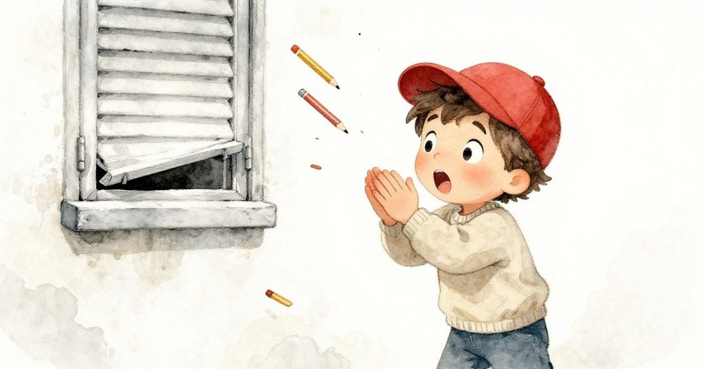 米洛被啪擊的舊百葉窗驚嚇，臉上滿是震驚，動作迅速追回失控中飛濺的鉛筆。