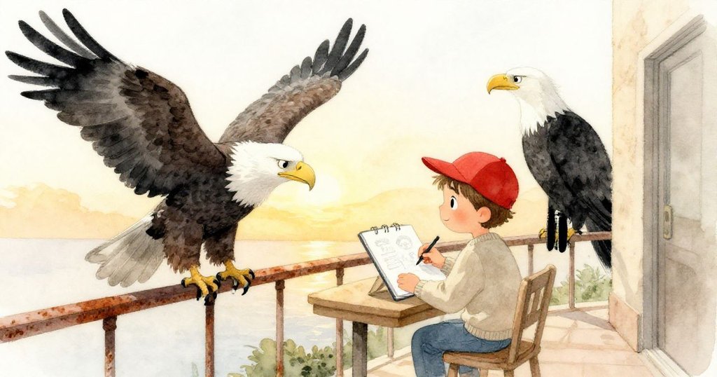 夕陽下的狹窄陽台上，米洛重拾繪畫，巨鷹靜坐鐵軌邊，整幅畫面散發希望與溫暖的光芒。