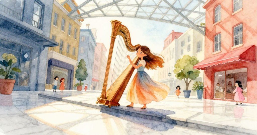 米拉在現代玻璃穹頂大廳中擺放精美豎琴，光線斜射映出幾何光影，神情專注並充滿期待。