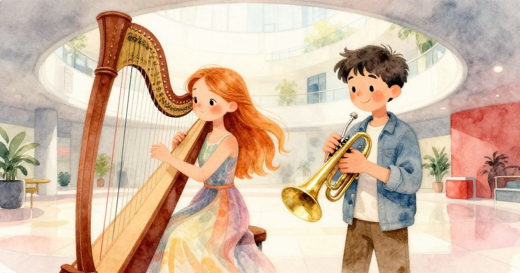 米拉與里奧在現代大廳中互動，奇妙並置的豎琴與銅管樂器在扭曲視角下呈現出驚奇和默契。