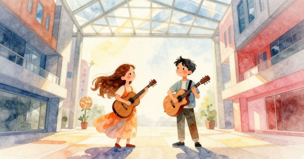 米拉與里奧在玻璃天井下演奏，奇幻幾何光影與大理石反射交織出夢幻舞台，神情融入音樂魔力。