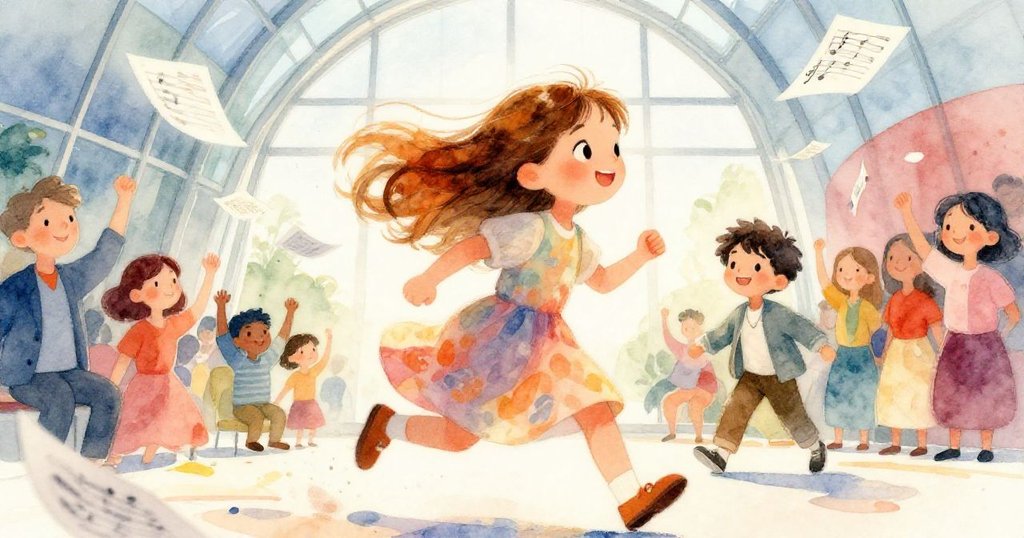 孩童在現代玻璃大廳中奔跑追逐飛揚音符，背景中觀眾與演奏者動感互動，展現音樂激發的快樂氣氛。