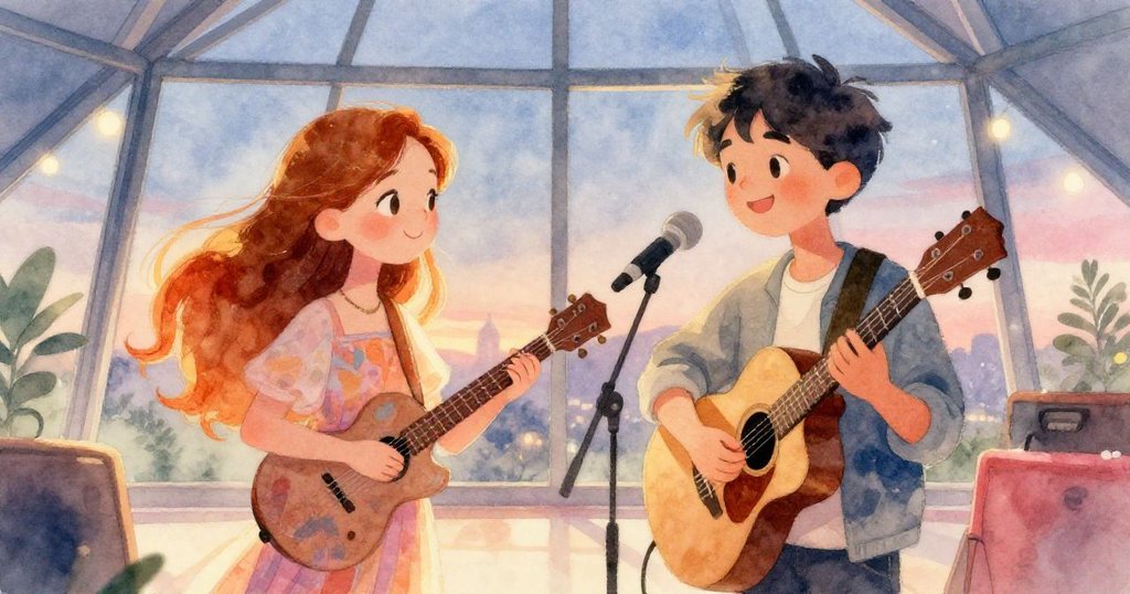 米拉與里奧在玻璃大廳下最後和音餘響中深情對視，滿面微笑傳遞表演成功後溫馨寧靜的情感。