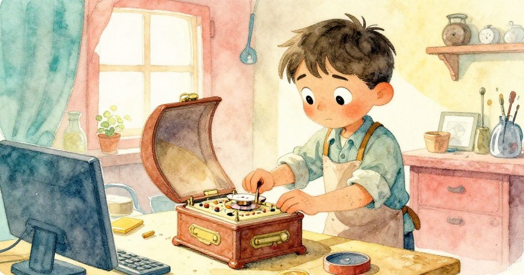 艾米利奧在傾斜視角下於充滿歷史感的工作室中調整塵封音樂盒,臉上流露專注與期待,晨光溫暖映照。