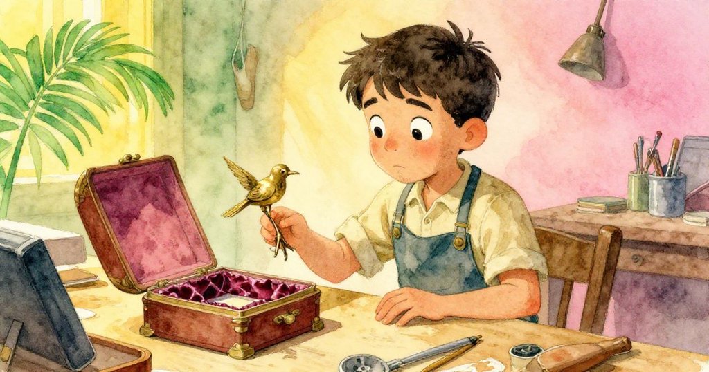 艾米利奧專注觀察音樂盒上銅鳥腳與油漬天鵝絨,手握油瓶,細膩展示舊物與修復希望的對比。