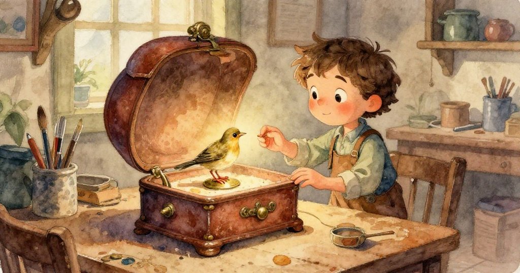 透過艾米利奧視角,顯示他伸手打開陳舊音樂盒,看到內部斑駁零件與細微裂痕,臉上表情堅定。