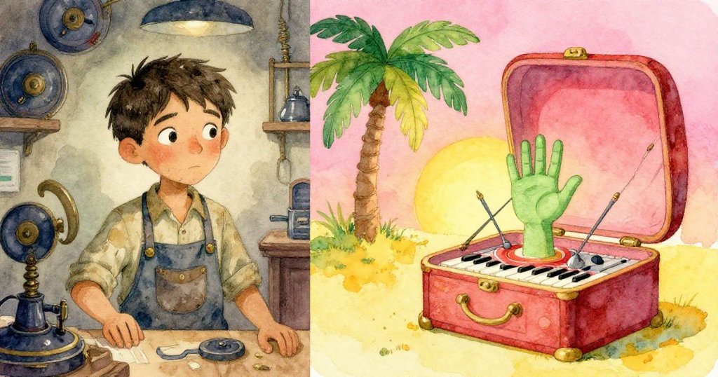 艾米利奧神情凝重,一邊為破舊機械忙碌,一邊浮現充滿旋律記憶的暖光,現實與回憶交織並進。