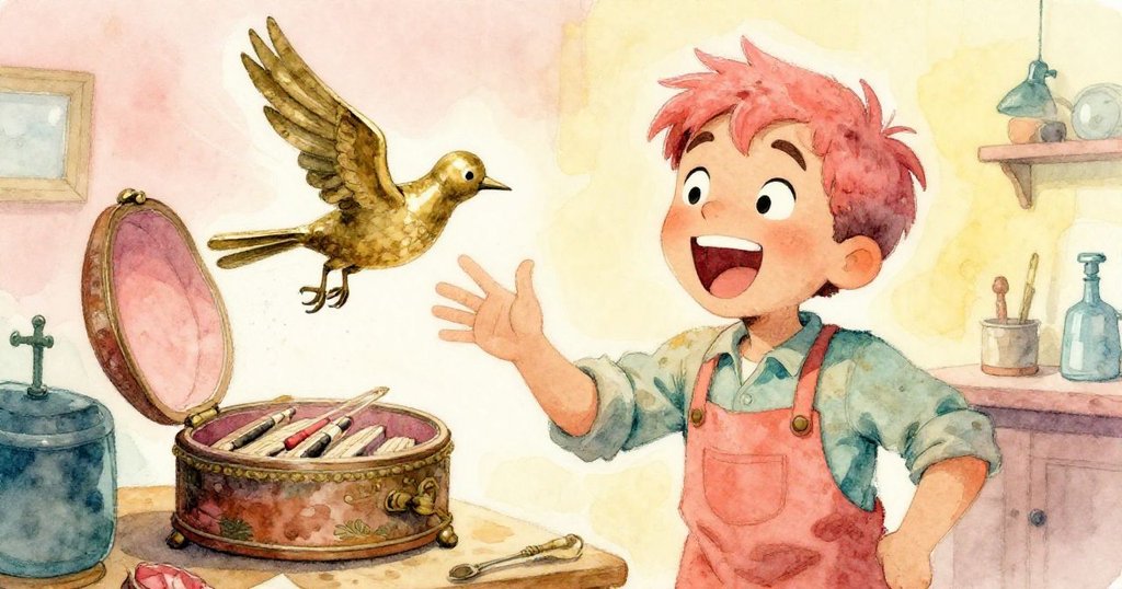 艾米利奧驚喜看著銅鳥從音樂盒中躍出,臉上流露出快樂與成就感,工作室細節紛呈映出希望。