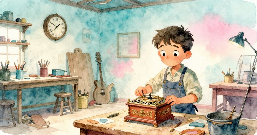 艾米利奧滿足靜看修好音樂盒安放於整潔桌上,時鐘滴答作響,工作室廣闊寧靜,蘊含全新希望與重生。