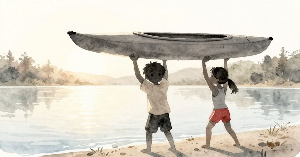 亞歷克斯與凱拉在清晨湖畔輪廓分明舉起獨木舟,背景為溫暖陽光,充滿期待與柔和情感
