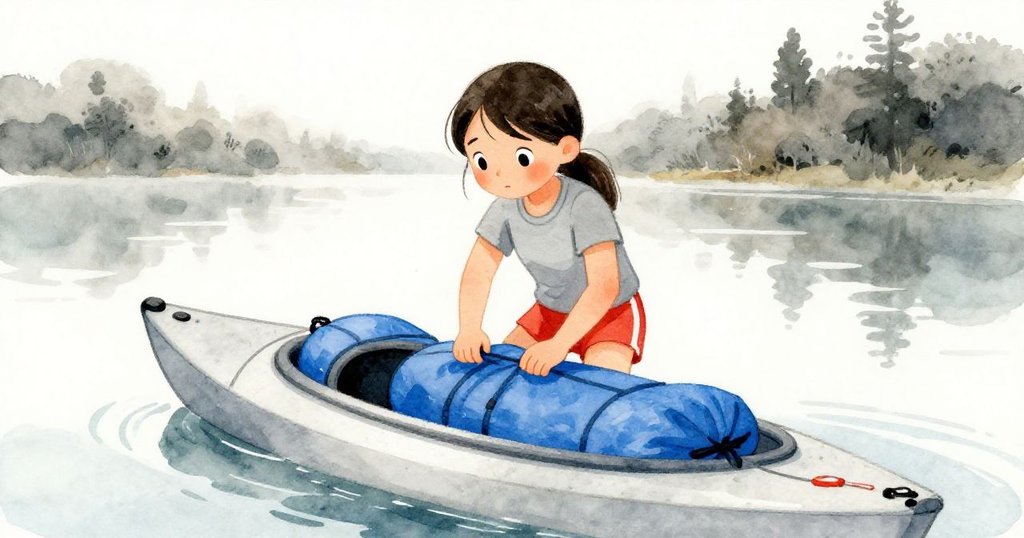 凱拉仔細整理藍色防水袋,動作溫柔而專注,背景晨光中的獨木舟透露出期待與溫暖情感