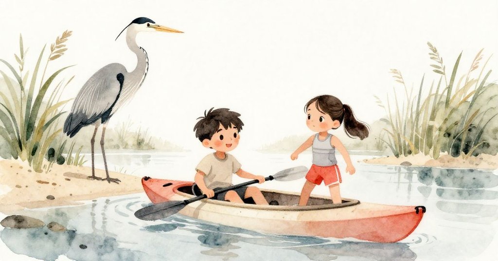 亞歷克斯與凱拉的獨木舟從高處視角駛向沙洲,沙洲上蒼勁的白鷺靜立,充滿探險與希望之情