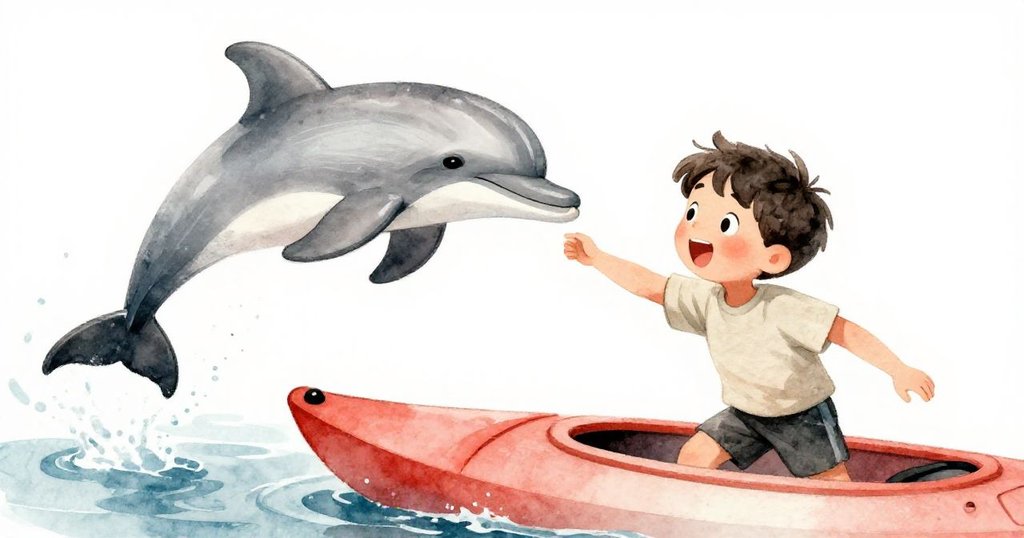 亞歷克斯被跳躍的銀色海豚意外灑水,臉上流露驚喜與好奇,動作活潑充滿童真探索情懷