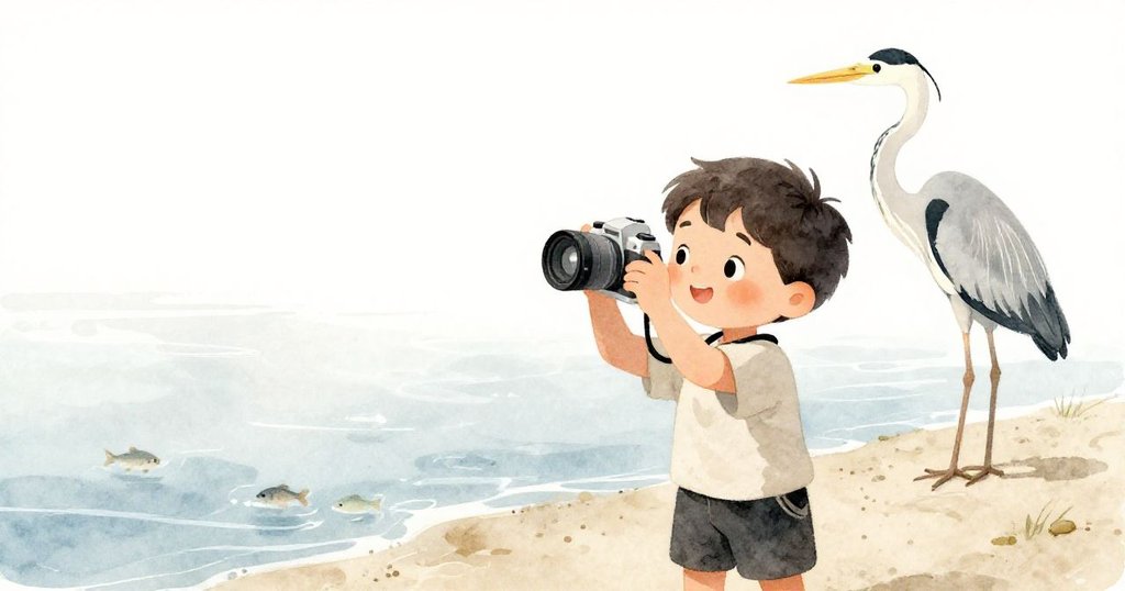 亞歷克斯在沙洲靜謐環境中舉起相機記錄美好瞬間,水中魚群跳動,背景中白鷺象徵著夢幻與完成