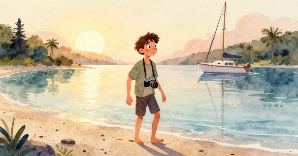 Liam邁入淺水灘，臉上流露興奮與驚喜，柔和晨光映襯水面微起漣漪，情感豐富。