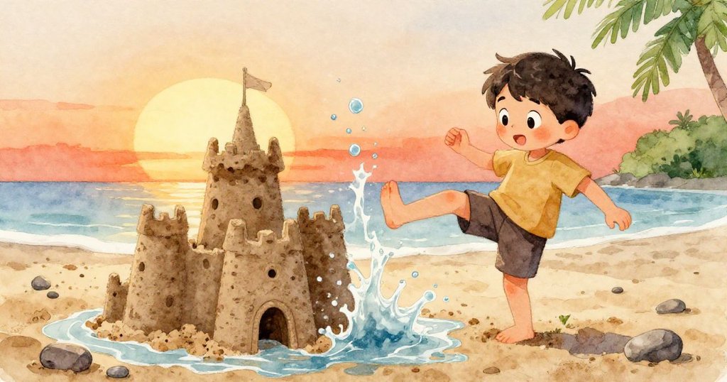 Liam一腳輕踢激起水花，沙堡倒塌，卵石沿著小坡滾動，暖日晨光下充滿活力與趣味。