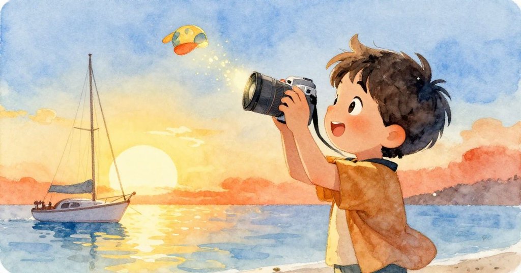 Liam舉起相機，捕捉錨泊遊艇旁隨波漂流的鏡頭蓋，柔和晨光下露出微橙火花，神情愉悅。