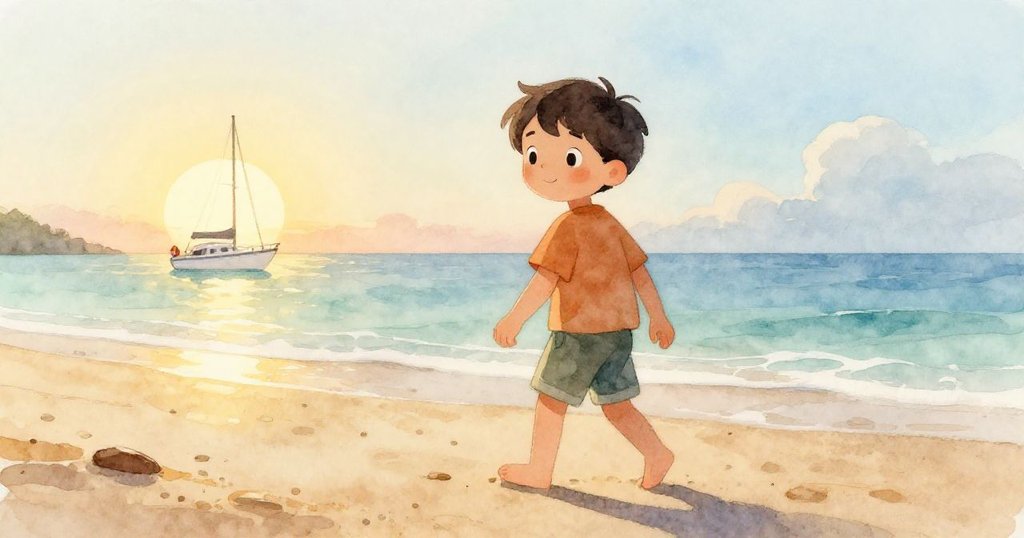 Liam返回溫暖沙灘，靜賞錨泊遊艇與平靜海潮，柔和晨光下呈現安寧景致，心中滿足與喜悅。