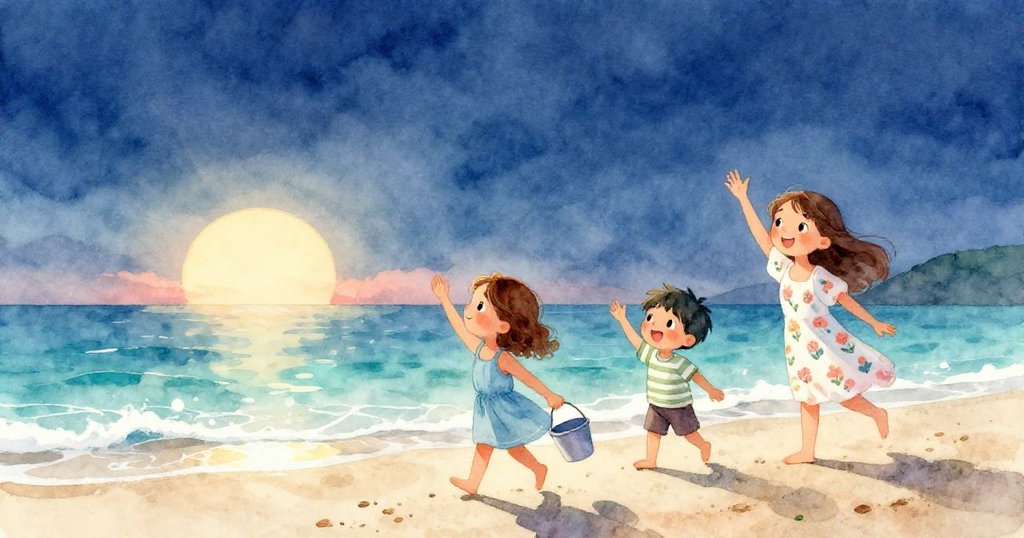 Mila在濕沙灘上走路,Sam陪伴,Lena快樂揮手,海邊晨光柔和,展現寧靜與期待的故事開始。