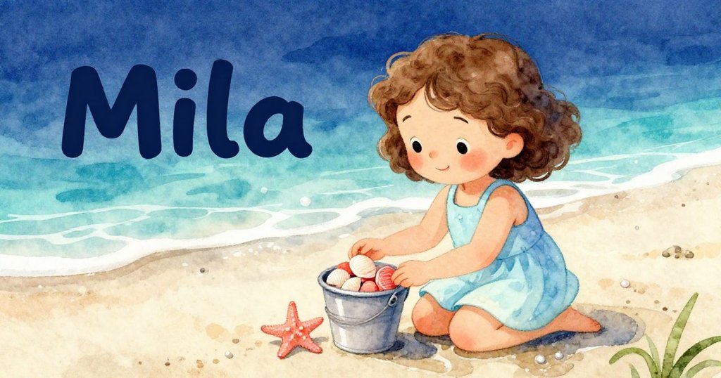 Mila蹲在濕沙上,手持小水桶尋找貝殼,旁邊粉紅海星靜臥,場景充滿好奇與探索。