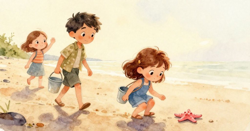 透明玻璃瓶躺在濕沙上,反射藍天海洋,展露如窗般奇幻倒影,似乎預告著後續冒險。