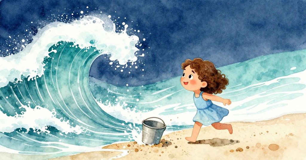 海浪猛烈衝向沙灘,水花飛濺中托起Mila手中水桶,場景充滿驚訝與動感,情緒緊湊。