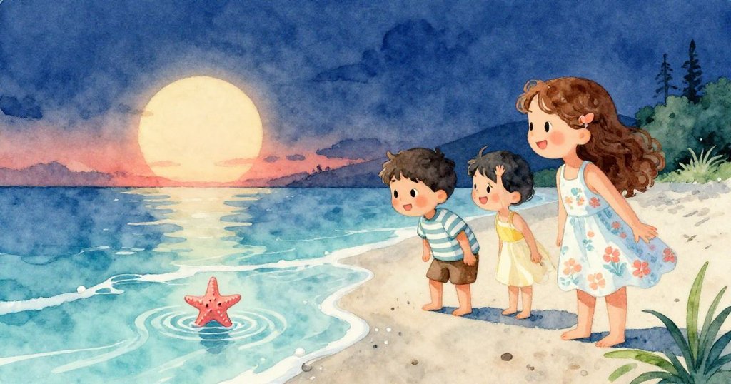 Mila、Sam和Lena在寧靜沙灘上注視粉紅海星爬向海水,海星手臂輕揮,夕陽營造溫馨結局。