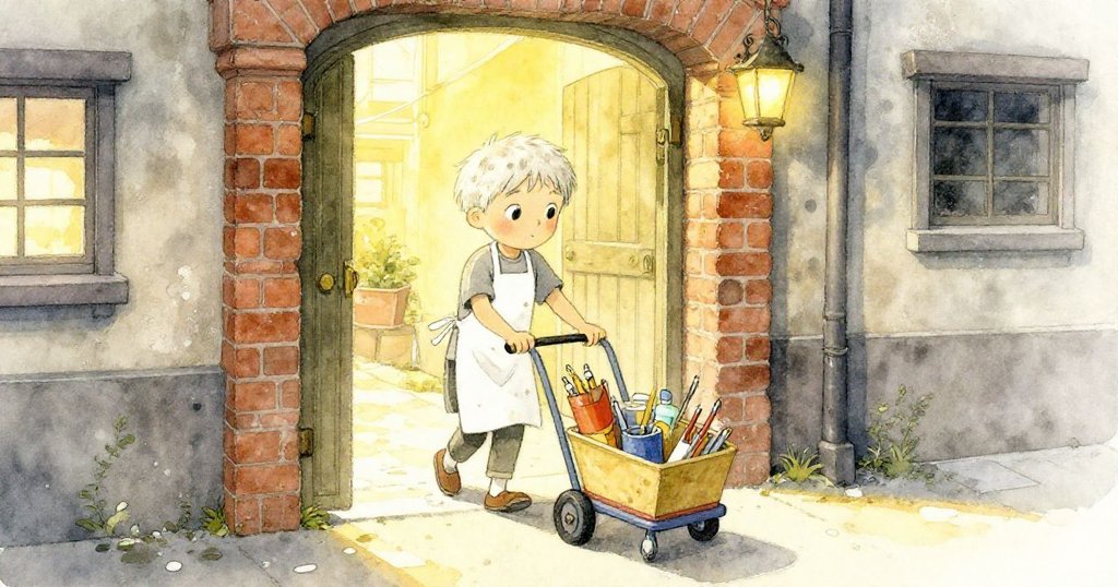 Milo推著小車進入麵包店後巷，陽光柔和，牆面與濕磚背景展現溫暖創作開始。