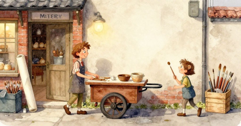 Milo的手專注調整釘子固定紙張，手部細節清晰，展現出認真工作的溫暖瞬間。