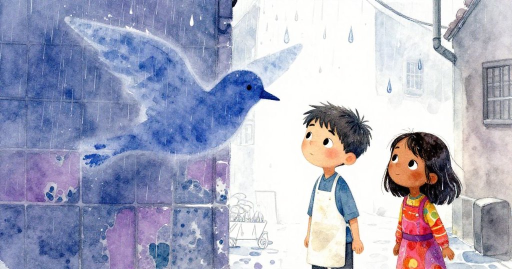 Milo與Jaya在雨中見證雨滴融合紙上火車與瓷片，色彩意外交織成朦朧展翅鳥，驚喜與動感彌漫巷道。