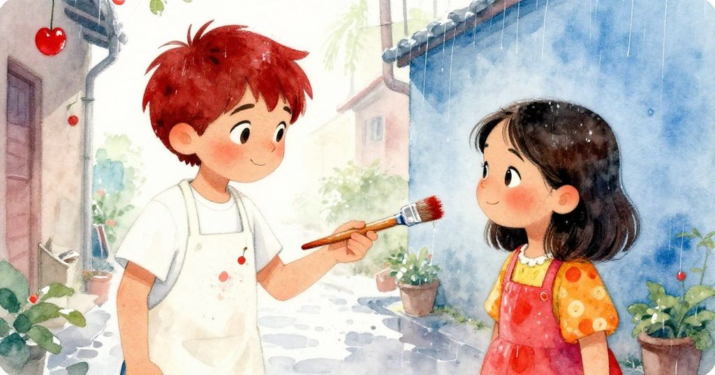 Milo在雨中伸手遞毛筆給Jaya，兩人對視微笑，共同調整作品，呈現出協作與決定的溫暖時刻。