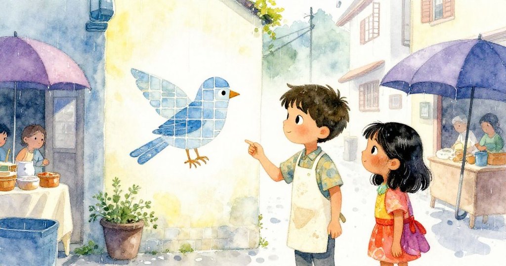 雨後巷道中，Milo與Jaya並肩欣賞紙瓷融合成鳥的藝術，市場人群持傘遠觀，展現祥和創作終章。