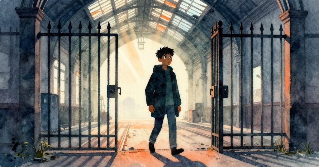 伊萊亞斯踏入破舊電車廠，迎接晨曦光芒，展現堅定與好奇，開始尋找遺失的草圖本。