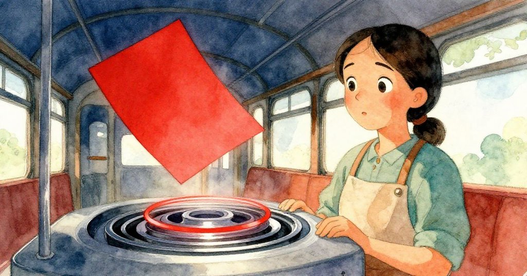 伊萊亞斯在電車廠內發現懸浮紅色筆記本，磁力作用中散發著神秘光芒，象徵著失落的記憶與藝術靈感。