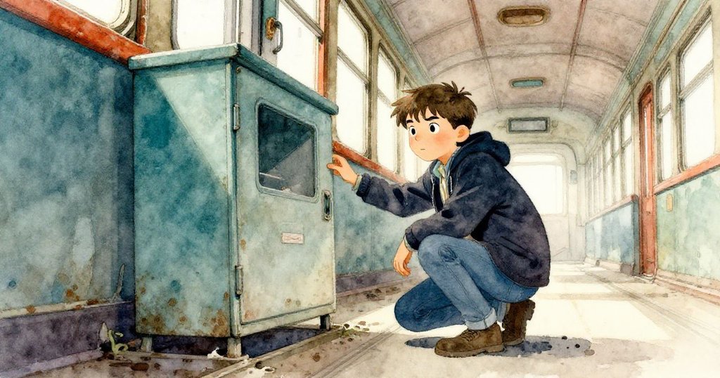 從低角度仰望伊萊亞斯蹲下身體，試圖從歪斜維修櫃後尋找失蹤草圖本，充滿堅持與冒險精神。