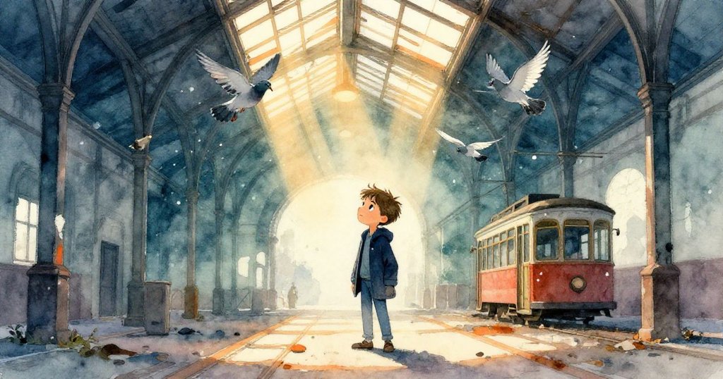電車廠內陽光透破天窗灑落，塵埃飛舞，鴿子驚起展翅，營造出詩意且充滿新生氣象的氛圍。
