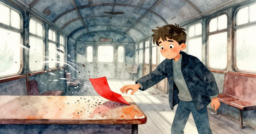 在混亂瞬間，伊萊亞斯輕觸桌邊引發紅筆記本劃過，鐵屑飛濺成動態軌跡，展現出意外與變化的力量。